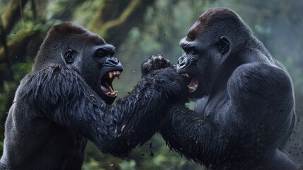 Two gorillas in a fierce display of strength and dominance in a lush jungle setting.