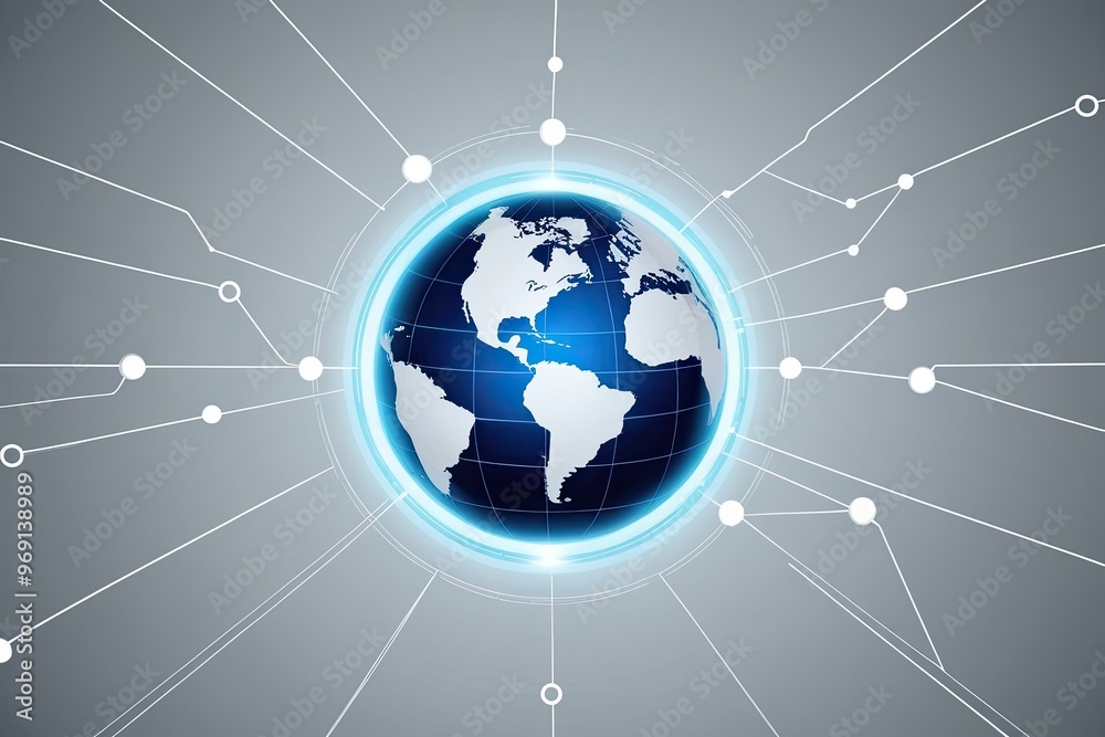 Poster digital globe design with network lines on white background symbolizing global connectivity and tech