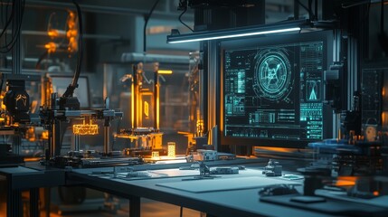 Futuristic 3D Printing Systems Managed by AI: A high-tech lab where AI systems control 3D printers to create complex designs.