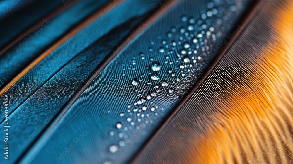 Poster Close-up of colorful feathers with droplets, showcasing nature's intricate details.