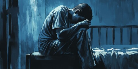 Fototapeta premium Man sits hunched, head in hands, on bed.
