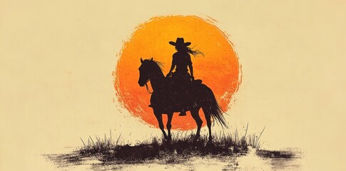 Silhouette of a Cowgirl Riding a Horse at Sunset