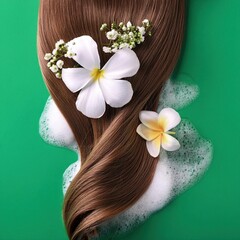 a strait and smooth hair isolated on background for hair care with a shampoo and flowers