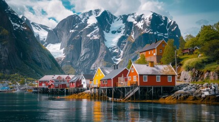 Fototapeta premium Colorful Fishing Cabins by the Water Surrounded by Majestic Mountains and Snowy Peaks
