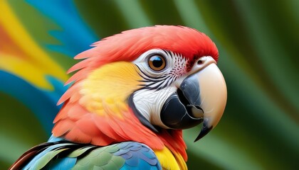 Fototapeta premium A vibrant and colorful close-up of a parrot with intricate details of its feathers. The parrot's bright colors and sharp gaze capture the viewer's attention, showcasing the beauty of this exotic bird