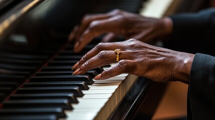 Obraz premium Close-up of hands playing a piano, showcasing musical expression and artistry.