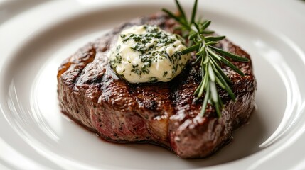 A close-up of a succulent steak topped with a dollop of herb butter, garnished with a sprig of rosemary, and placed on a plain white plate.