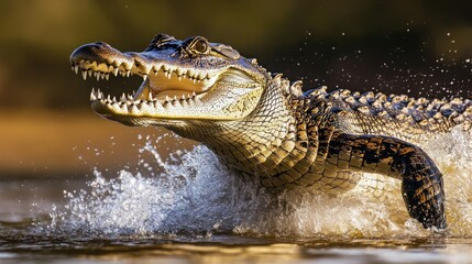 Obraz premium A crocodile emerging from water, showcasing its teeth and powerful form.