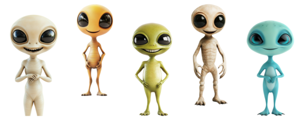 Set of Smiling alien characters standing isolated on a transparent background, playful sci-fi illustration