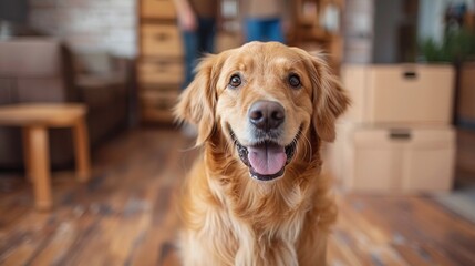golden retriever dog happily standing in a new home, with family members and cardboard boxes in the background, reflecting the joy of moving in and pet ownership