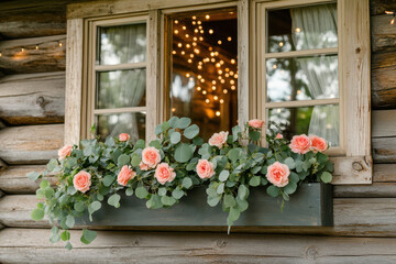 Obraz premium Floral window boxes with coral roses and eucalyptus on the front porch of an old log cabin.