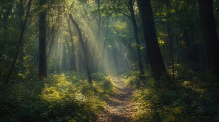 A serene forest path illuminated by soft sunlight filtering through the trees.