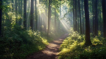Obraz premium A serene forest path illuminated by soft sunlight, inviting exploration and tranquility.