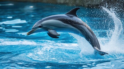 Obraz premium A dolphin leaps gracefully above the water's surface, creating splashes in a vibrant blue pool.