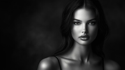 Naklejka premium A monochromatic portrait of a woman with striking features and a soft background.