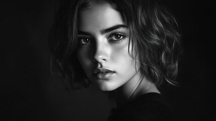 Naklejka premium A monochrome portrait of a young woman with a contemplative expression and soft lighting.