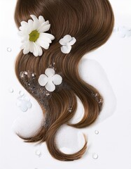 a strait and smooth hair isolated on background for hair care with a shampoo and flowers