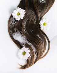 a strait and smooth hair isolated on background for hair care with a shampoo and flowers
