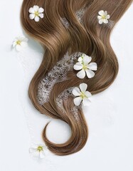 a strait and smooth hair isolated on background for hair care with a shampoo and flowers