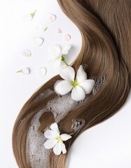 a strait and smooth hair isolated on background for hair care with a shampoo and flowers