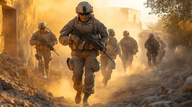 Elite Military Squad on Desert Operation at Sunset
