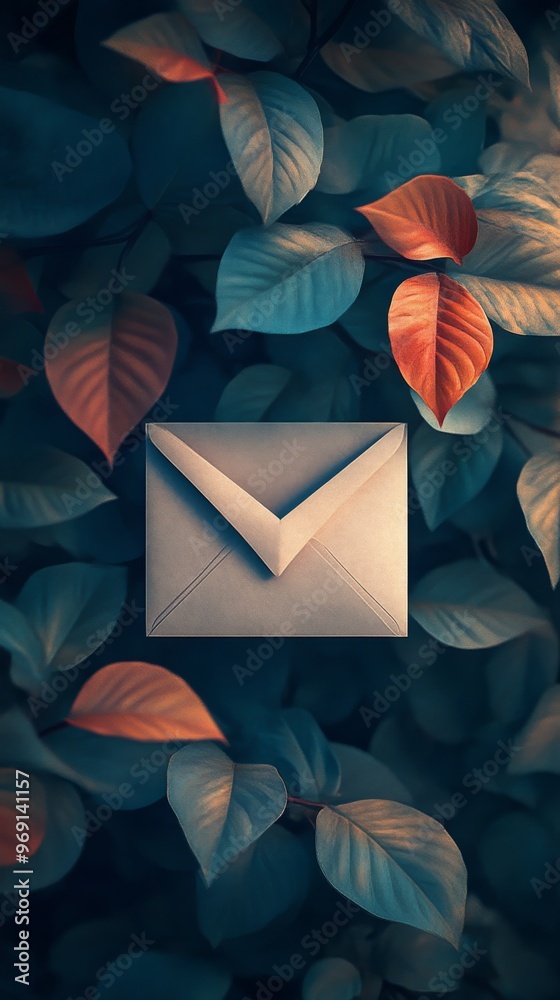 Poster envelope on colorful leaves in soft light