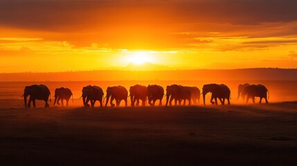 Fototapeta premium Silhouetted elephants walking against a stunning sunset backdrop.