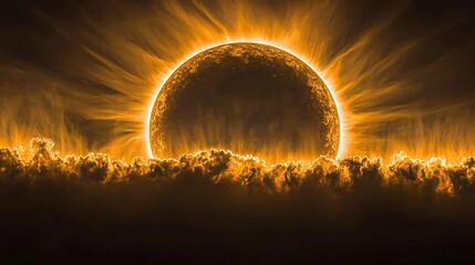 Semiabstract image of a solar eclipse with the suns corona radiating in neon lines symbolizing celestial events and cosmic balance