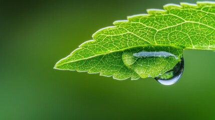 Fototapeta premium A close-up of a green leaf with a water droplet, highlighting nature's beauty.