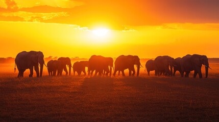 Obraz premium A herd of elephants silhouetted against a vibrant sunset in a natural landscape.