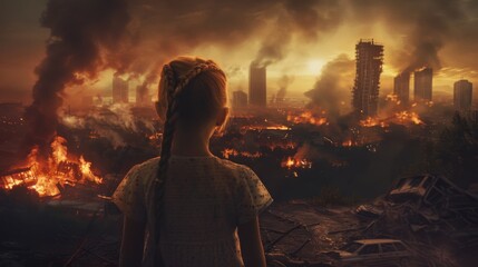 A little girl gazes at a burning city in the distance, symbolizing despair and apocalypse