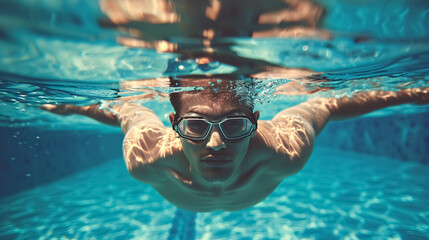 Naklejka premium Male swimmer in the pool, underwater photo.