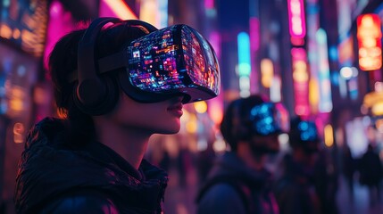 Futuristic immersive AR city tours led by AI guides: Tourists exploring a city with augmented reality devices guided by AI.