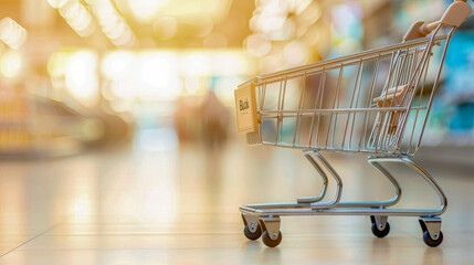 Empty Shopping Cart in Bright Supermarket Aisle with Blurred Background