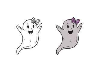 Cute nice female smiling grey ghost spook with pink bow on head on white. Hand drawn vector sketch illustration in doodle engraved vintage line art style. Happy Halloween symbol, coloring book.