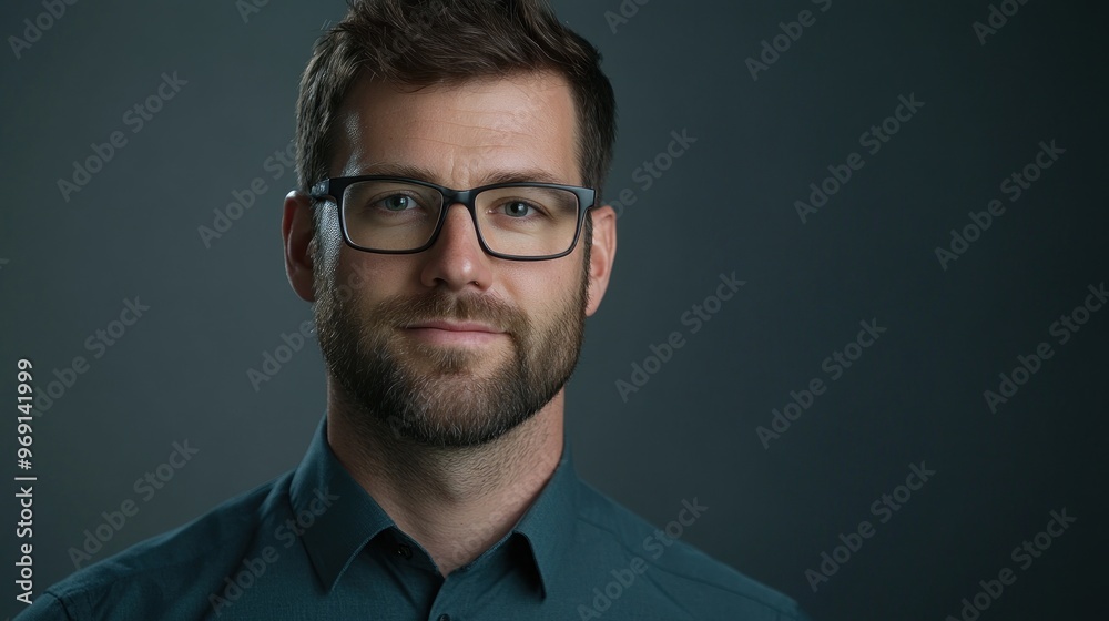 Wall mural A man with glasses and a beard poses against a dark background, exuding confidence.