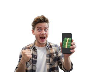 Excited young man celebrating financial success while holding a phone
