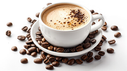Coffee cup with steam rising, with coffee beans artfully arranged decoration, set against a white background. Morning espresso or Americano coffee for breakfast in a beautiful brown cup.