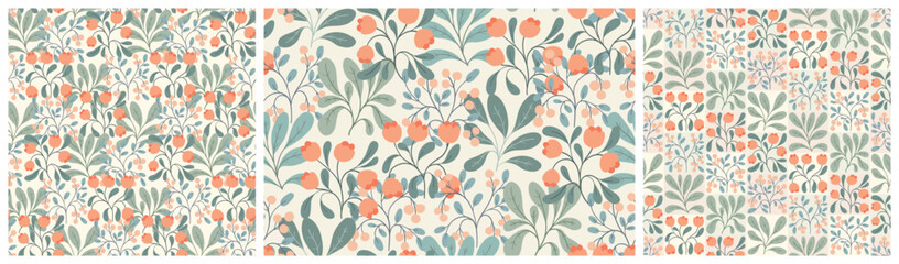 Seamless floral pattern, delicate decorative style print, abstract flower ornament in folk motif. Romantic botanical design: small wild flowers, leaves, berries in pastel colors. Vector illustration.