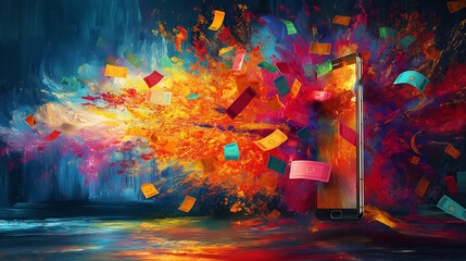 A smartphone exploding with colorful vouchers and confetti, representing sales and online promotions, concept of Cyber Monday and Black Friday