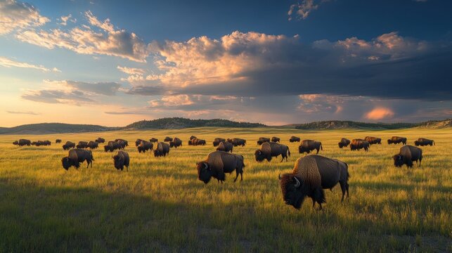 A herd of bison grazing in a sunlit meadow under a dramatic sky.