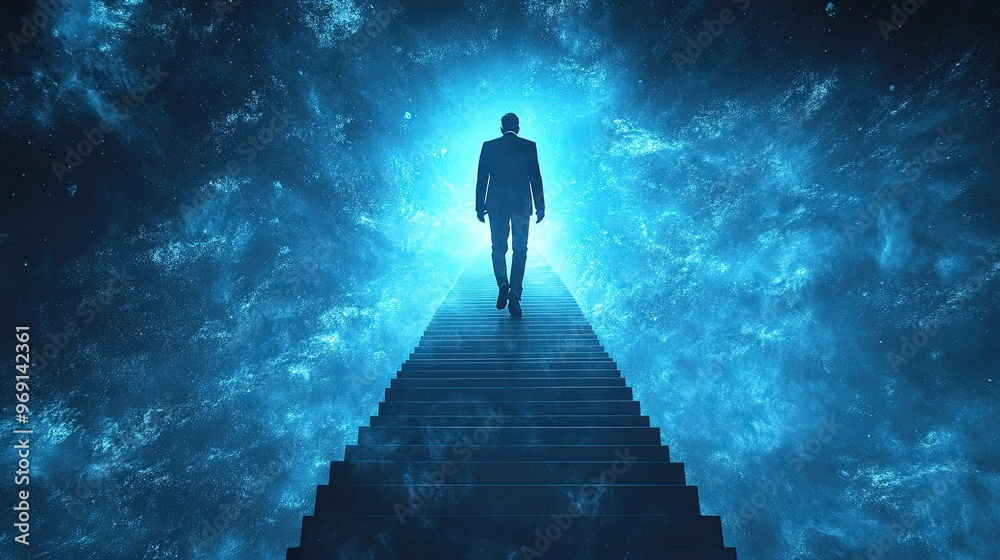 Wall mural a businessman climbing a staircase towards a bright light, representing the journey towards financia