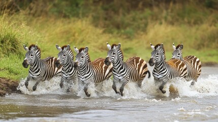 Naklejka premium A group of zebras running through water, creating splashes in a natural setting.