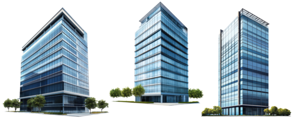 Set of Realistic images of a tall office building, isolated on a transparent background
