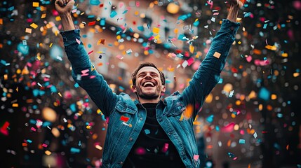 A person celebrating a financial milestone, throwing their arms up in the air with confetti falling around them.