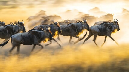Fototapeta premium A herd of wildebeests galloping through a golden landscape at sunset.
