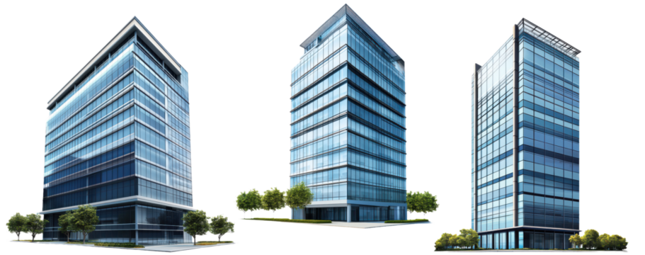 Set of Realistic images of a tall office building, isolated on a transparent background