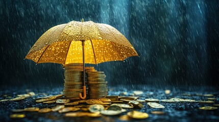 A conceptual image of an umbrella shielding a stack of money from a rainstorm, representing financial protection and insurance.