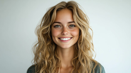 Naklejka premium A woman with blonde hair and a smile on her face against a light coloured wall.