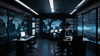 Futuristic Ethical Hacker in High-Tech Cybersecurity Lab Securing Networks in Real-Time.